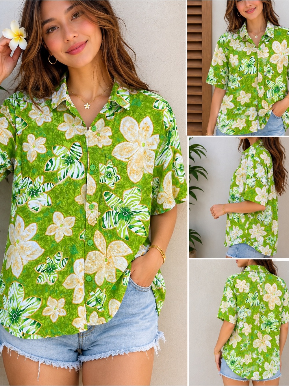 Jams World Green and White Floral Hawaiian Button-Down Shirt